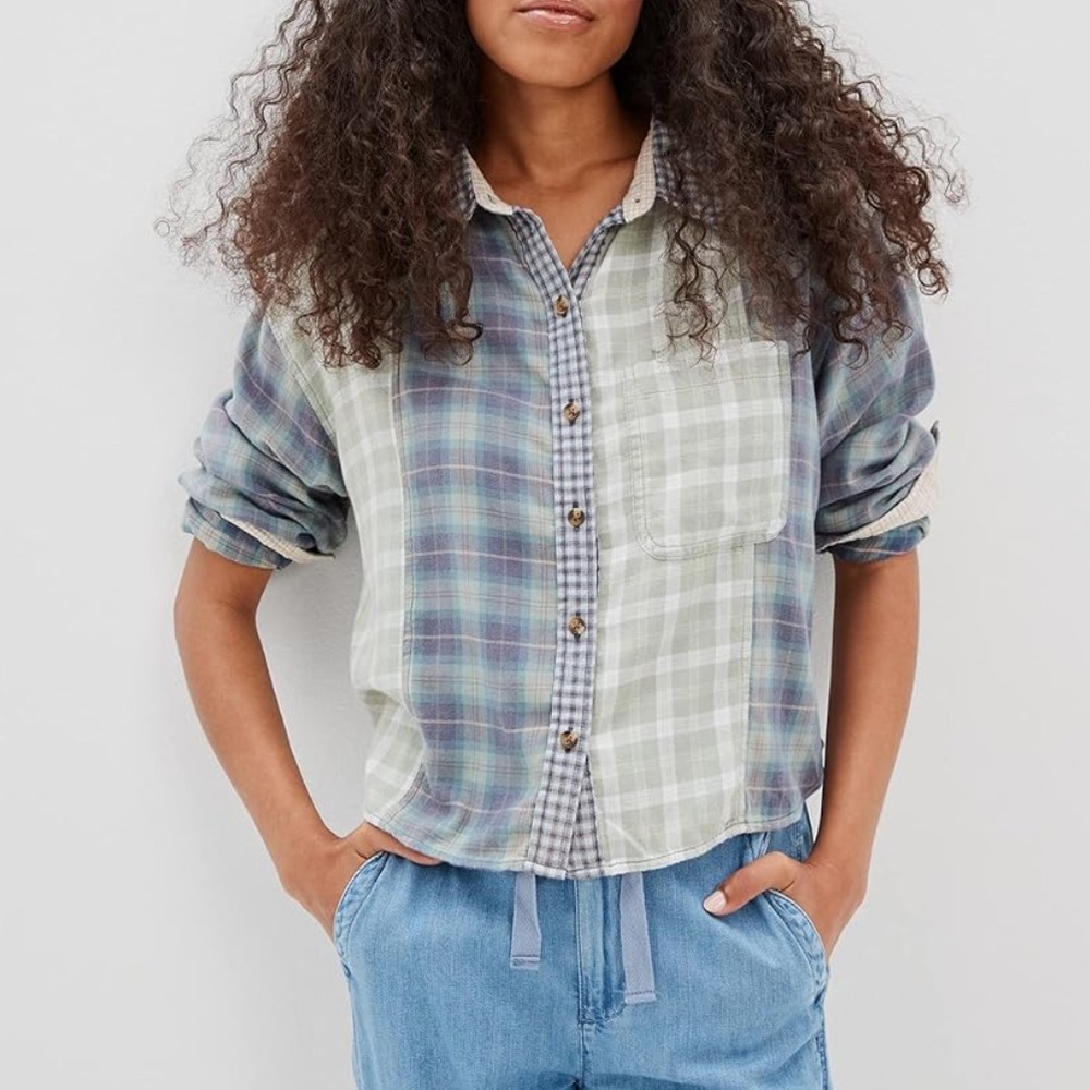 AE Patchwork Cropped Flannel Shirt - Green/Blue Mix